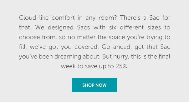 Cloud-like comfort in any room? There's a Sac for that. We designed Sacs with six different sizes to choose from, so no matter the space you're trying to fill, we've got you covered. Go ahead, get that Sac you've been dreaming about. But hurry, this is the final week to save up to 25% | SHOP NOW >>