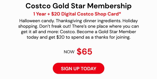 Costco 1-Year Gold Star Membership + $20 Digital Costco Shop Card