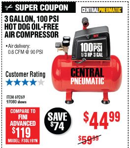 View 3 gal. 1/3 HP 100 PSI Oil-Free Hotdog Air Compressor