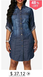 Turndown Collar Roll Tab Sleeve Denim Dress