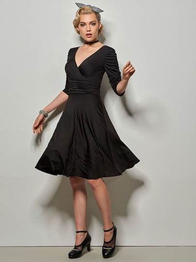 Plain Mid-Calf Pleated Spandex Women's Day Dress
