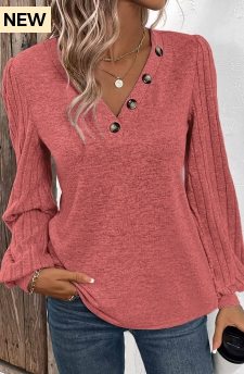 ROTITA Patchwork Dusty Pink V Neck Long Sleeve Sweatshirt