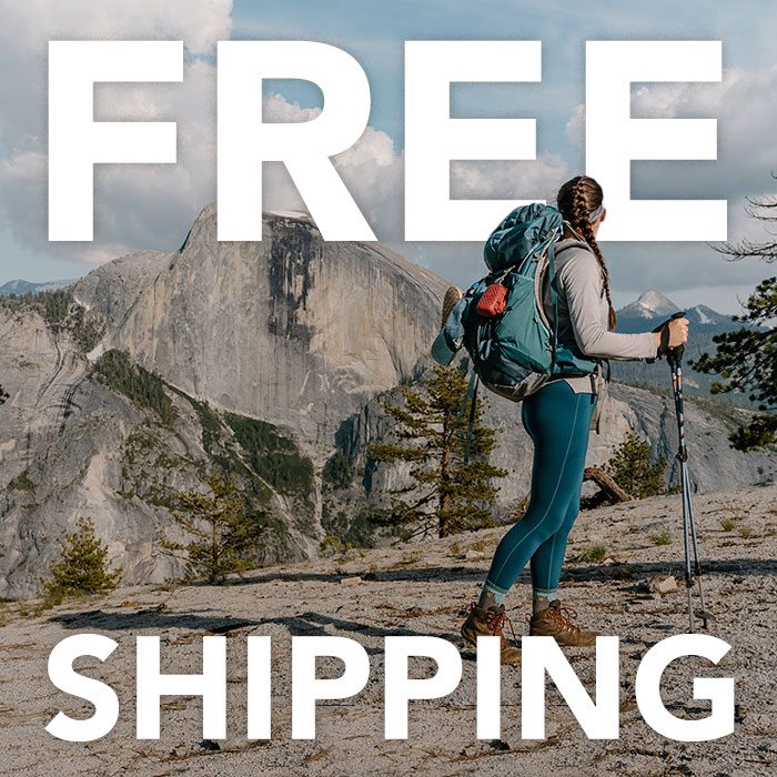 Free Shipping message over image of hiker by Yosemite's Half Dome