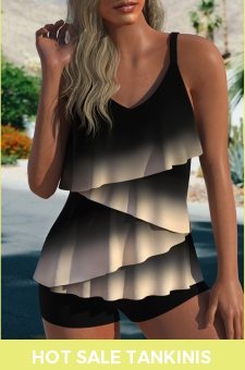 ROTITA Asymmetry Layered Black Ombre Tankini Top