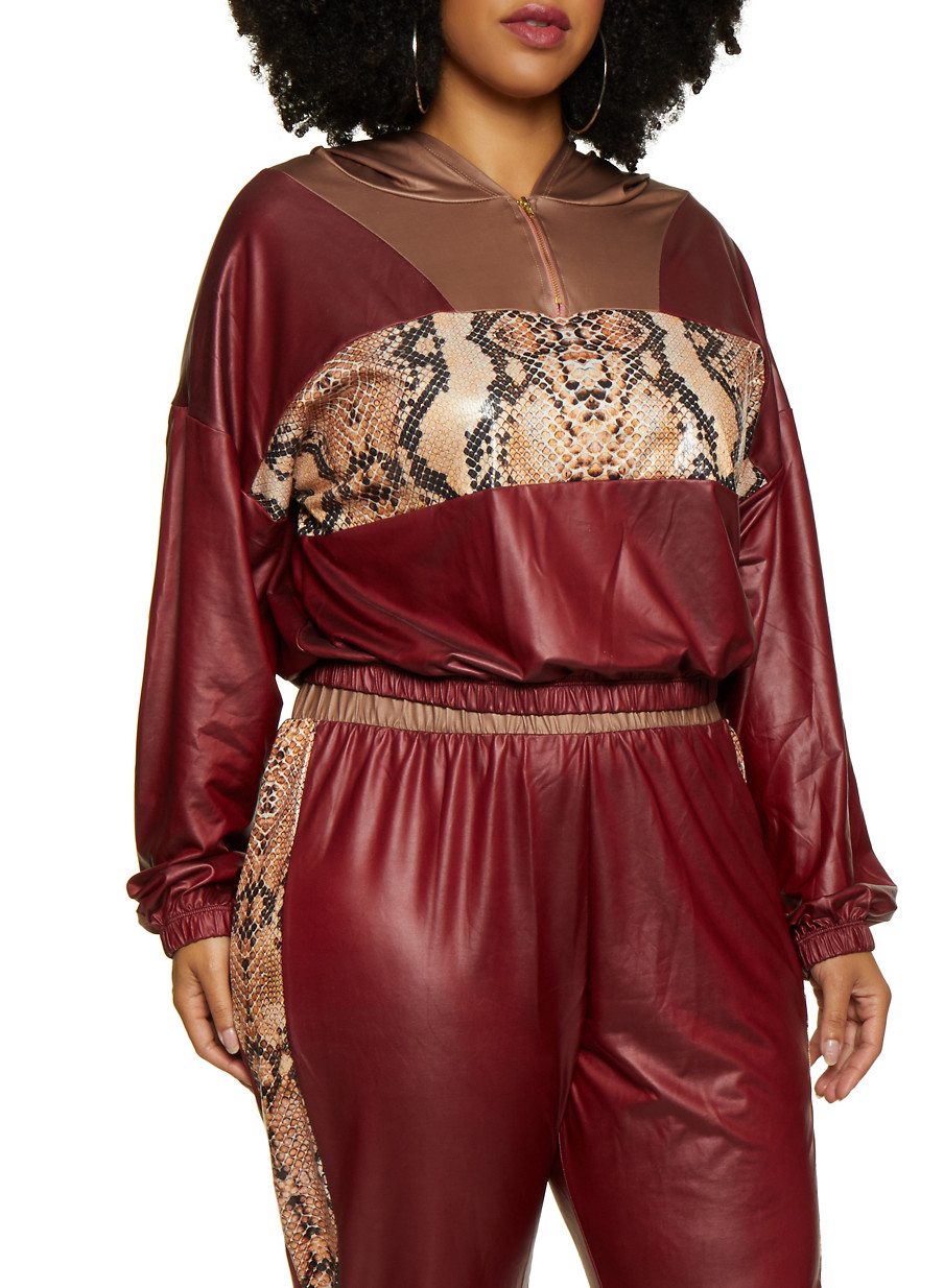 Plus Size Snake Print Detail Hooded Top