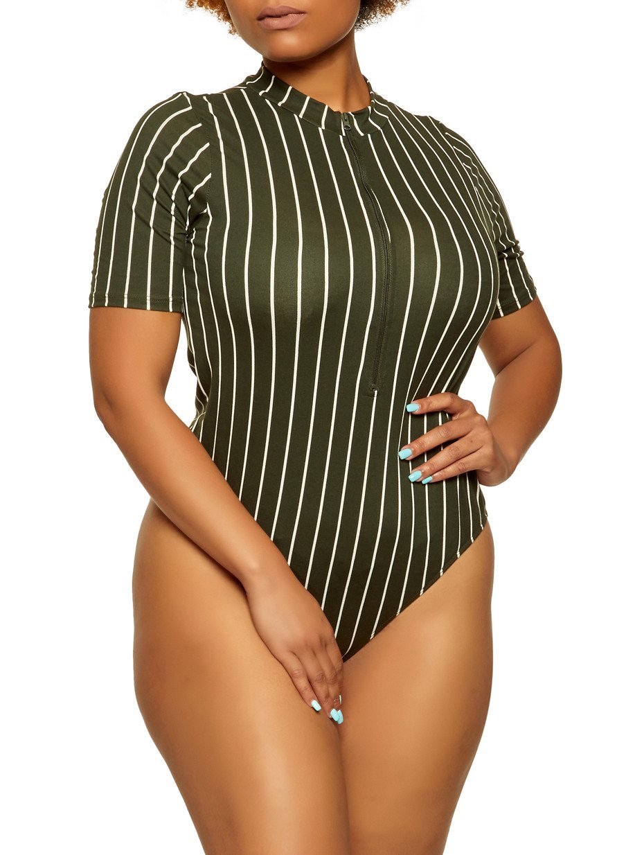 Plus Size Striped Zip Neck Bodysuit