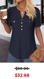 ROTITA Button Navy Split Neck Short Sleeve Blouse