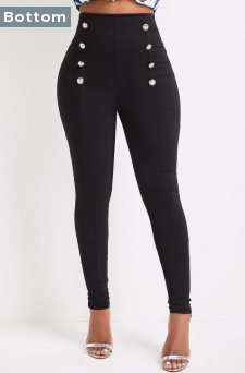 High Waisted Button Black Skinny Elastic Waist Pants