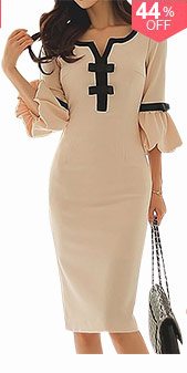 Flare Sleeve Bowknot Embellished Split Neck Beige Dress