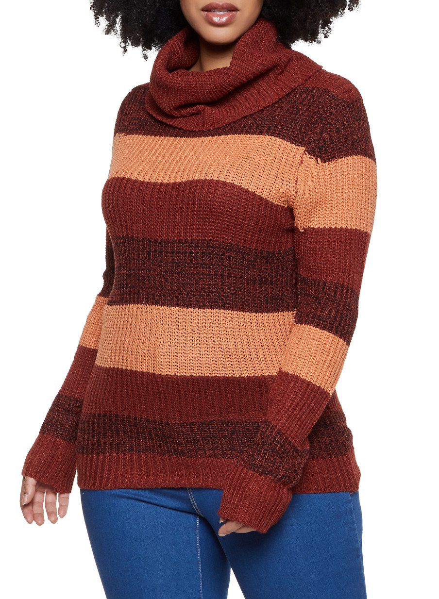 Plus Size Color Block Cowl Neck Sweater