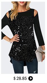 Black Curved Hem Sequin Embellished Cold Shoulder T Shirt