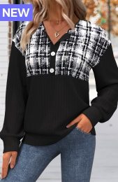 Black Button Plaid Long Sleeve Split Neck Sweatshirt