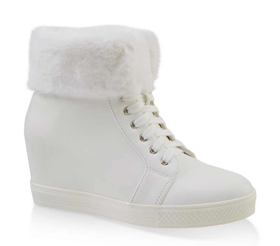Faux Fur Collar Lace Up Wedge Sneakers
