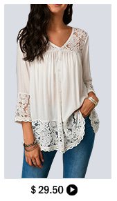 Button Up Lace Patchwork White Blouse