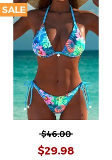 Lace Up Marine Life Print Cyan Bikini Set