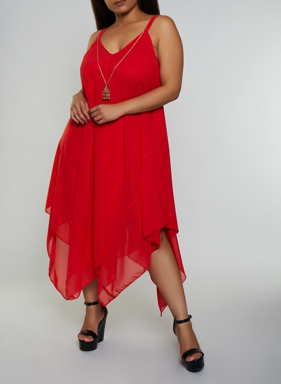 Plus Size Crepe Knit Asymmetrical Dress with Necklace