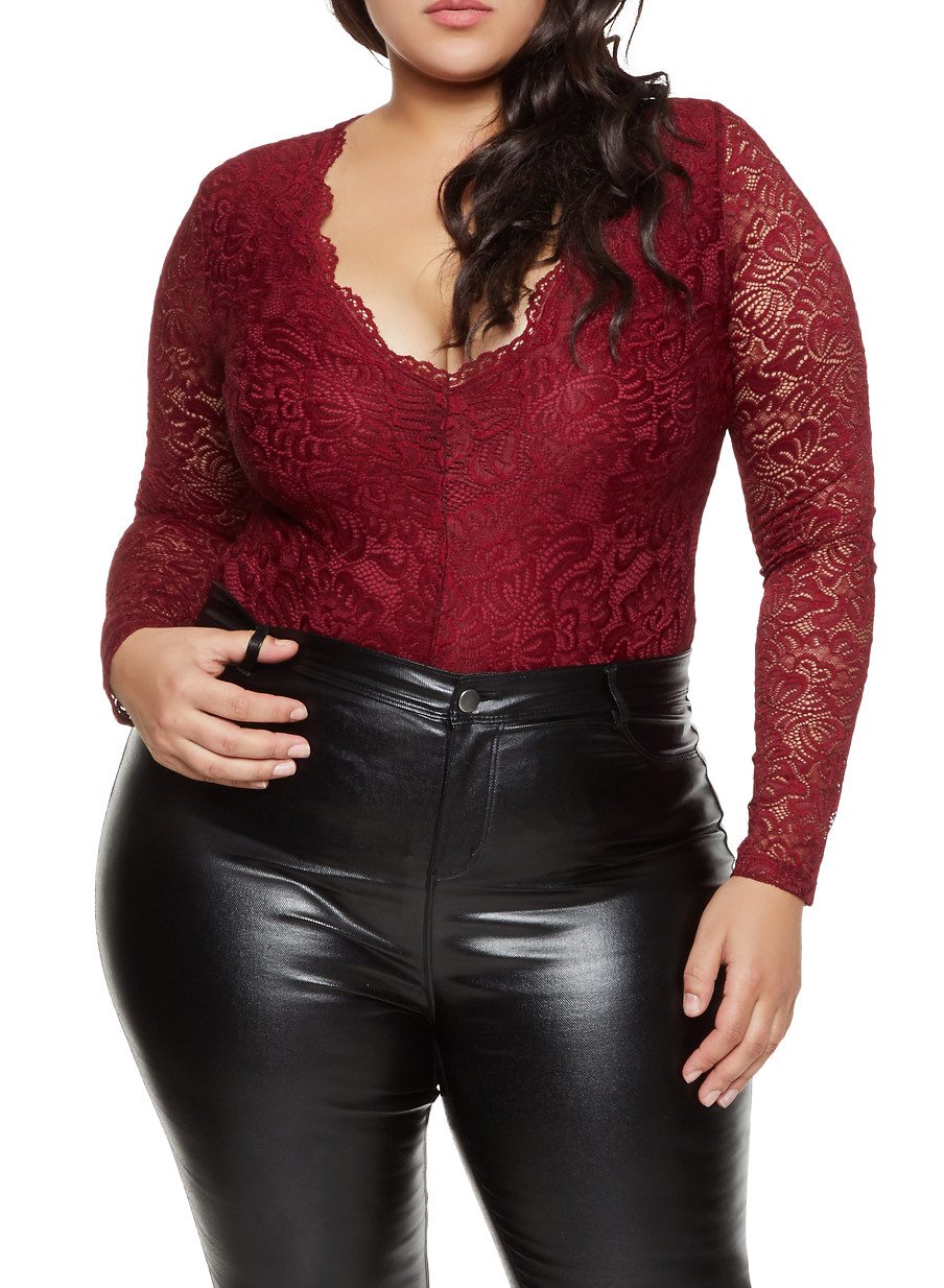 Plus Size V Neck Lace Thong Bodysuit