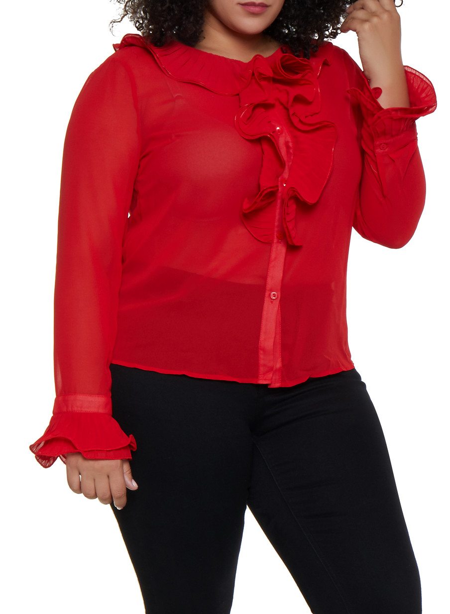 Plus Size Pleated Ruffle Blouse