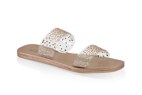 Rhinestone Studded Double Band Slide Sandals