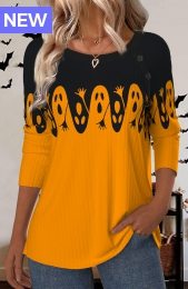 Halloween Orange Button Long Sleeve Round Neck T Shirt