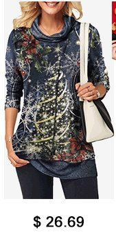 Christmas Print Cowl Neck Faux Two Piece T Shirt