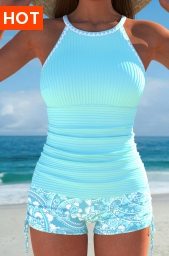 Contrast Binding Paisley Print Cyan Tankini Set