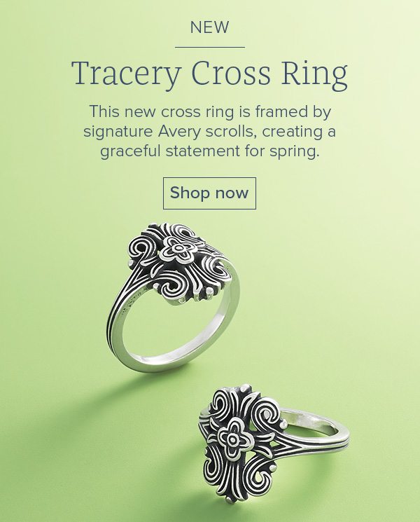 NEW Tracery Cross Ring - This new cross ring is framed by signature Avery scrolls, creating a graceful statement for spring. Shop now