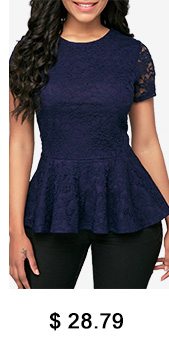 Navy Blue Short Sleeve Peplum Lace Blouse