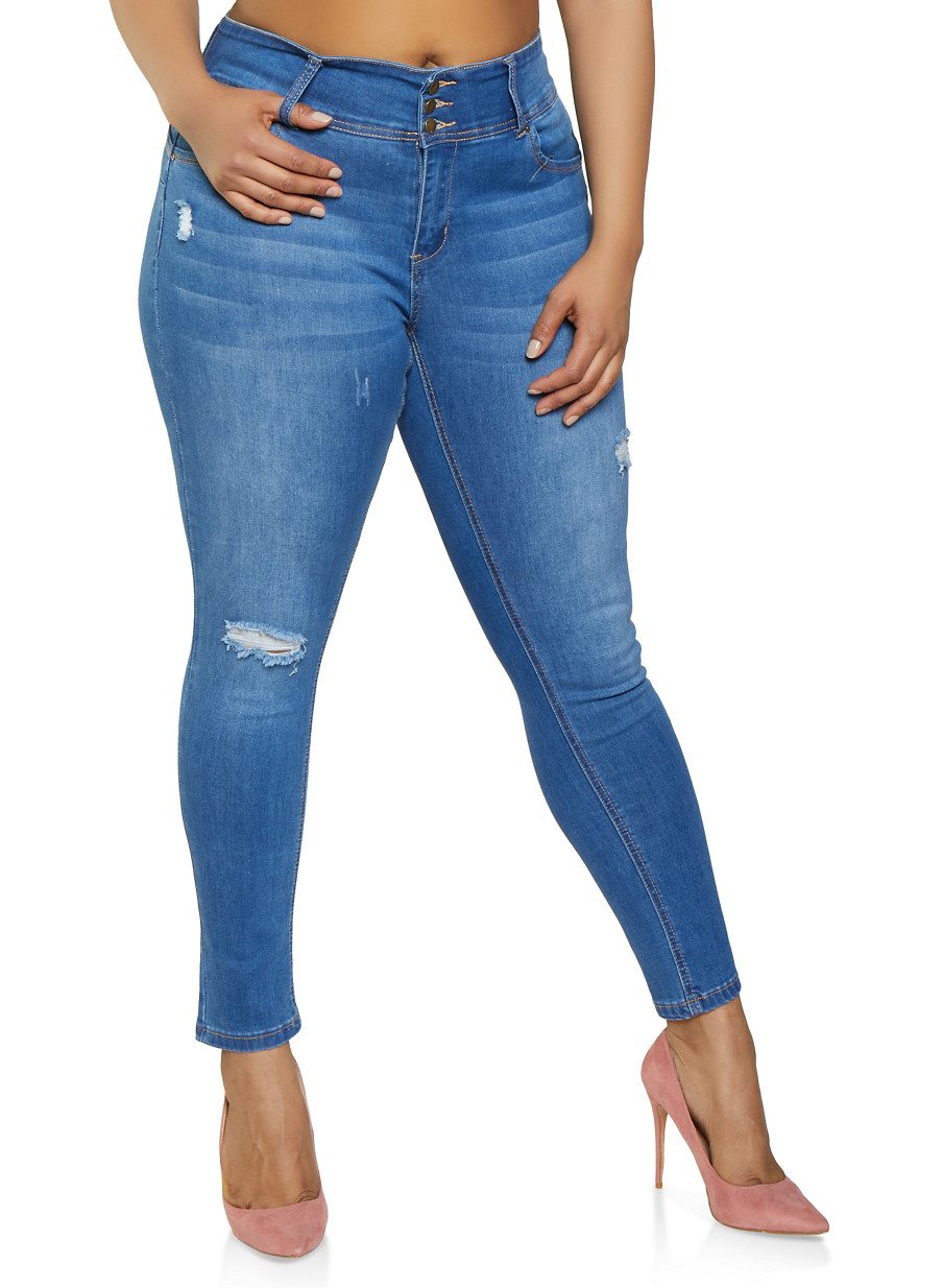 Plus Size WAX 3 Button Frayed Jeans