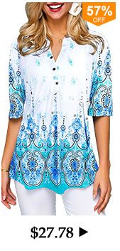 Split Neck Tribal Print Button Front Blouse