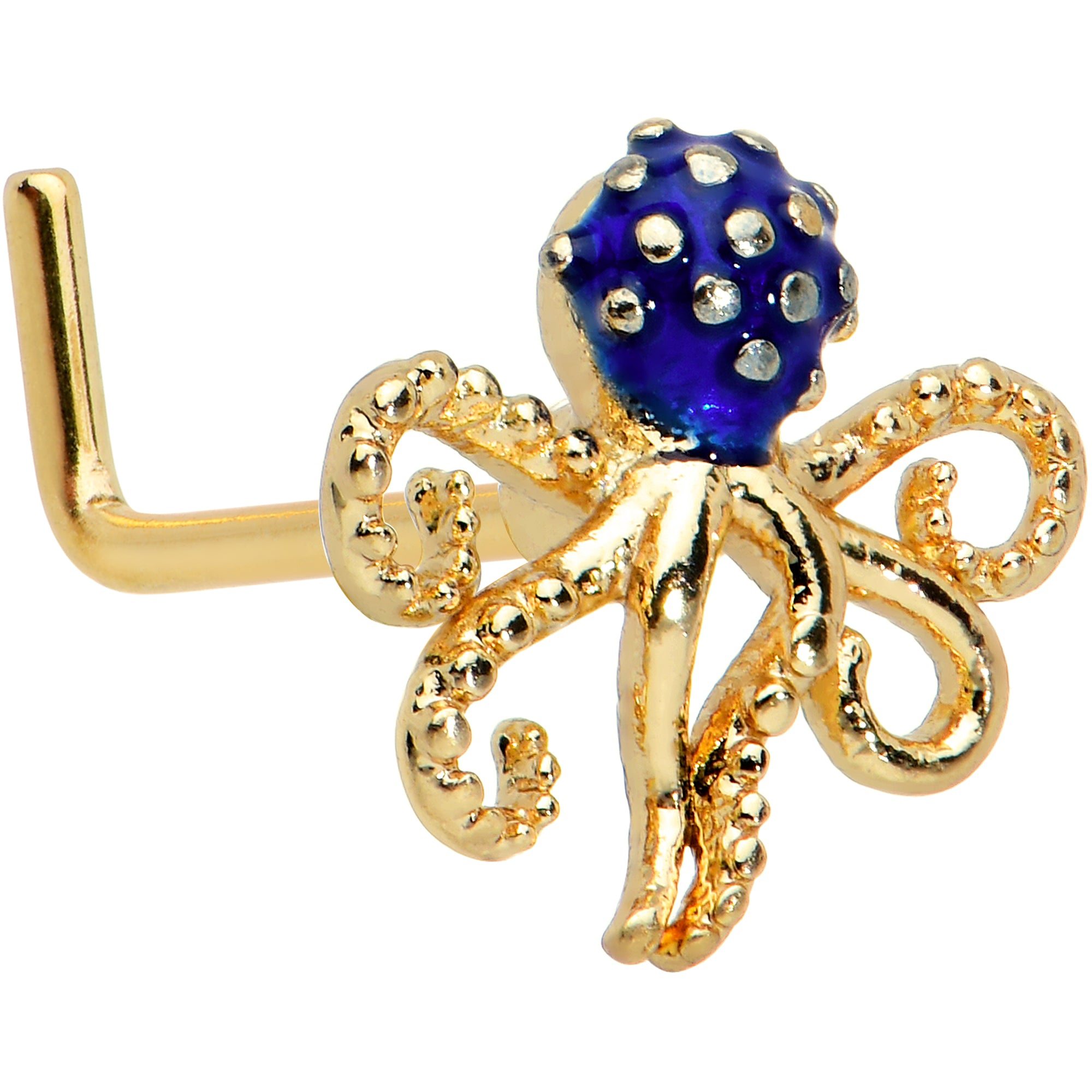 Image of 20 Gauge 1/4 Gold Tone Textured Blue Octopus L Shape Nose Ring