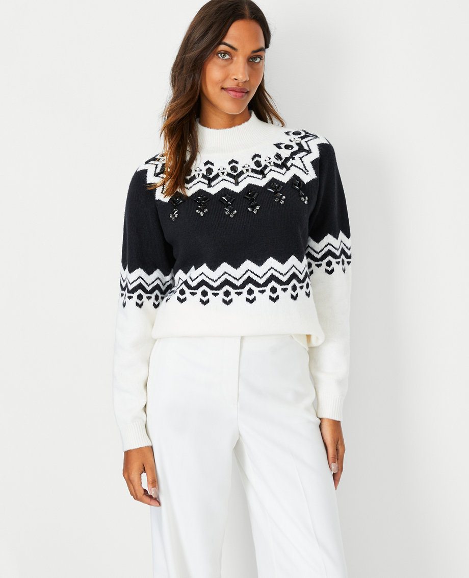 Jeweled Fair Isle Turtleneck Sweater