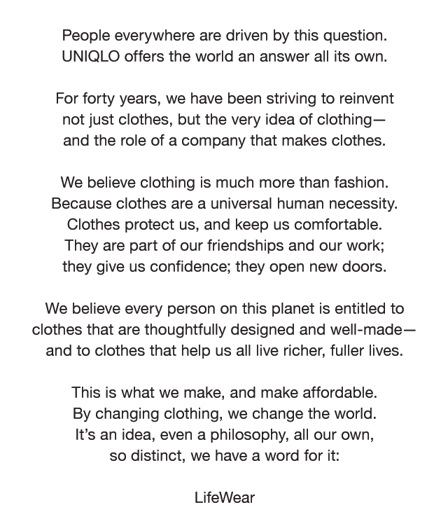 BANNER 1 - PEOPLE EVERYWHERE ARE DRIVEN BY THIS QUESTION, UNIQLO OFFERS THE WORLD AN ANSWER ALL ITS OWN.