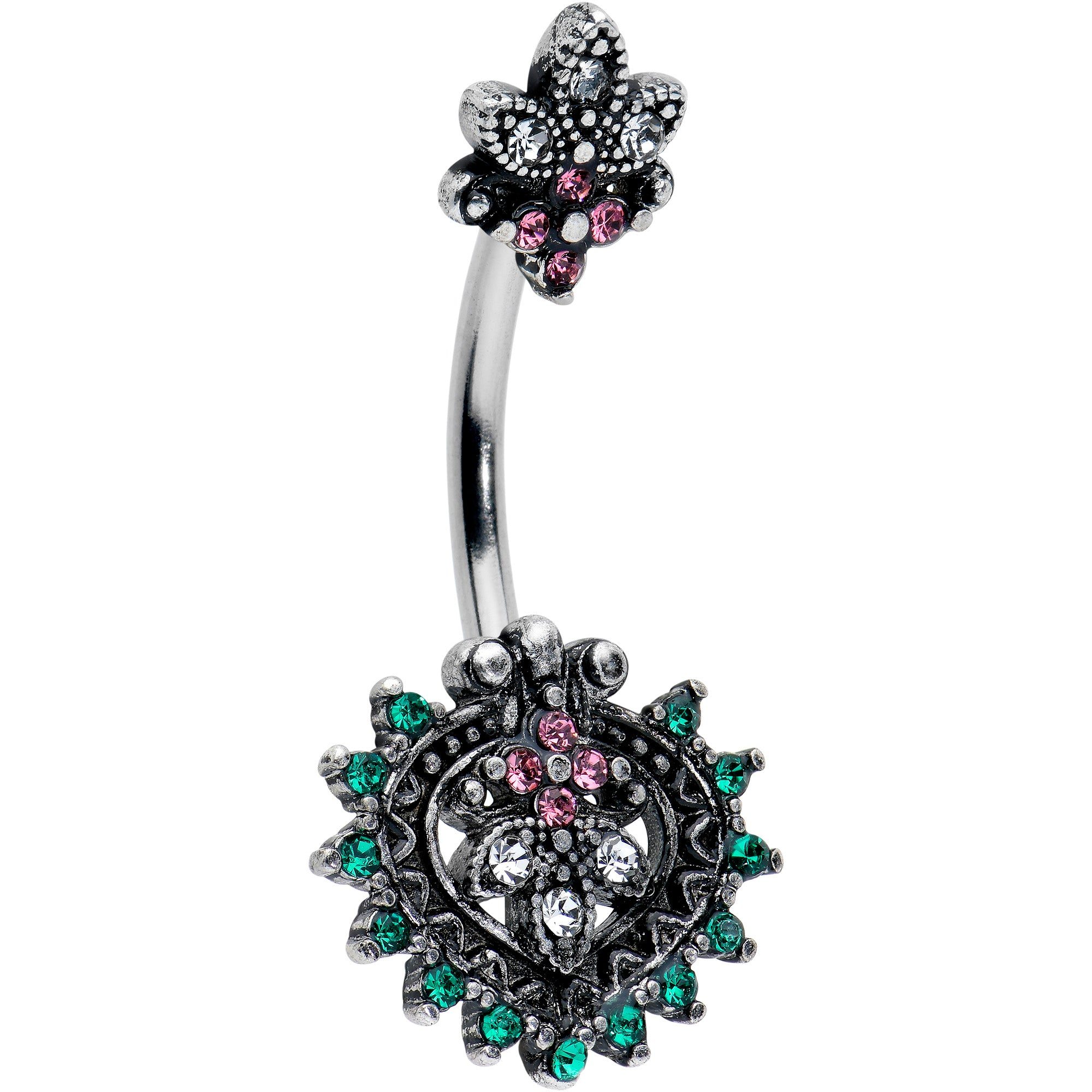 Image of Clear Green Pink Gem Abstract Opulence Double Mount Belly Ring