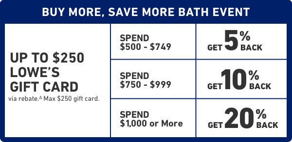 Buy More, Save More Bath Event. Up To $250 Lowe's Gift Card via rebate. Max $250 gift card.