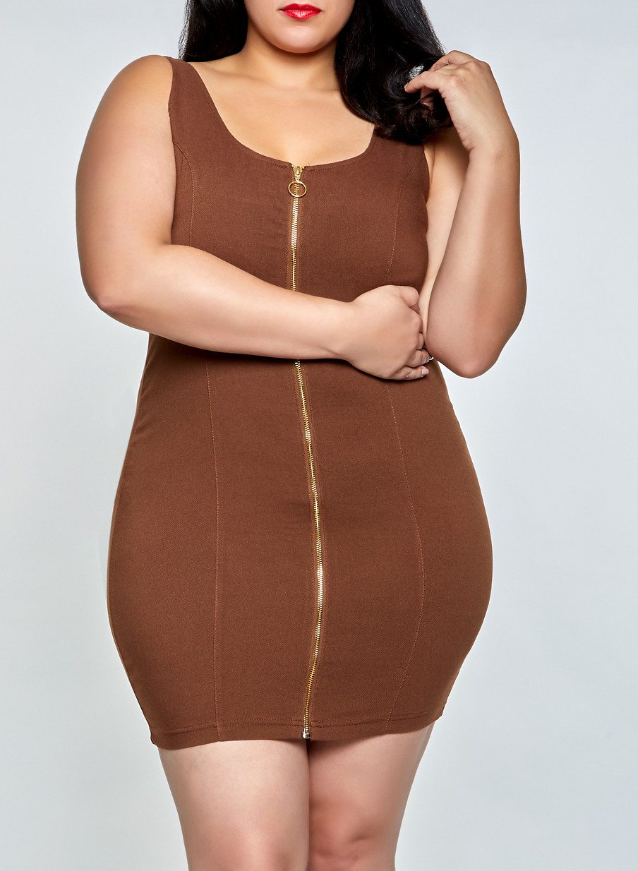 Plus Size Sleeveless Zip Front Stretch Dress