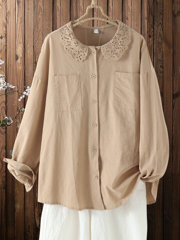 Solid Lace Patch Pocke Shirt
