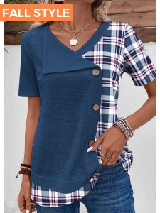 Blue Patchwork Plaid Short Sleeve T Shirt