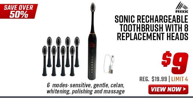 RBX Sonic Rechargeable Toothbrush with 8 Replacement Heads