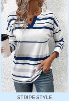 ROTITA Patchwork Striped White Split Neck Long Sleeve T Shirt