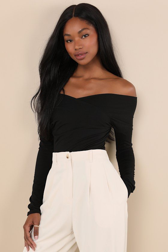 Image of Designated Cutie Black Long Sleeve Surplice Top