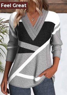 Grey Patchwork Geometric Print Long Sleeve T Shirt