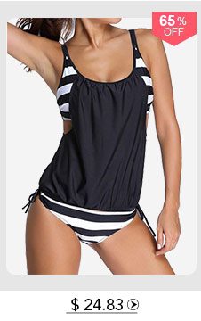 Stripe Print Black Spaghetti Strap Tankini Swimwear