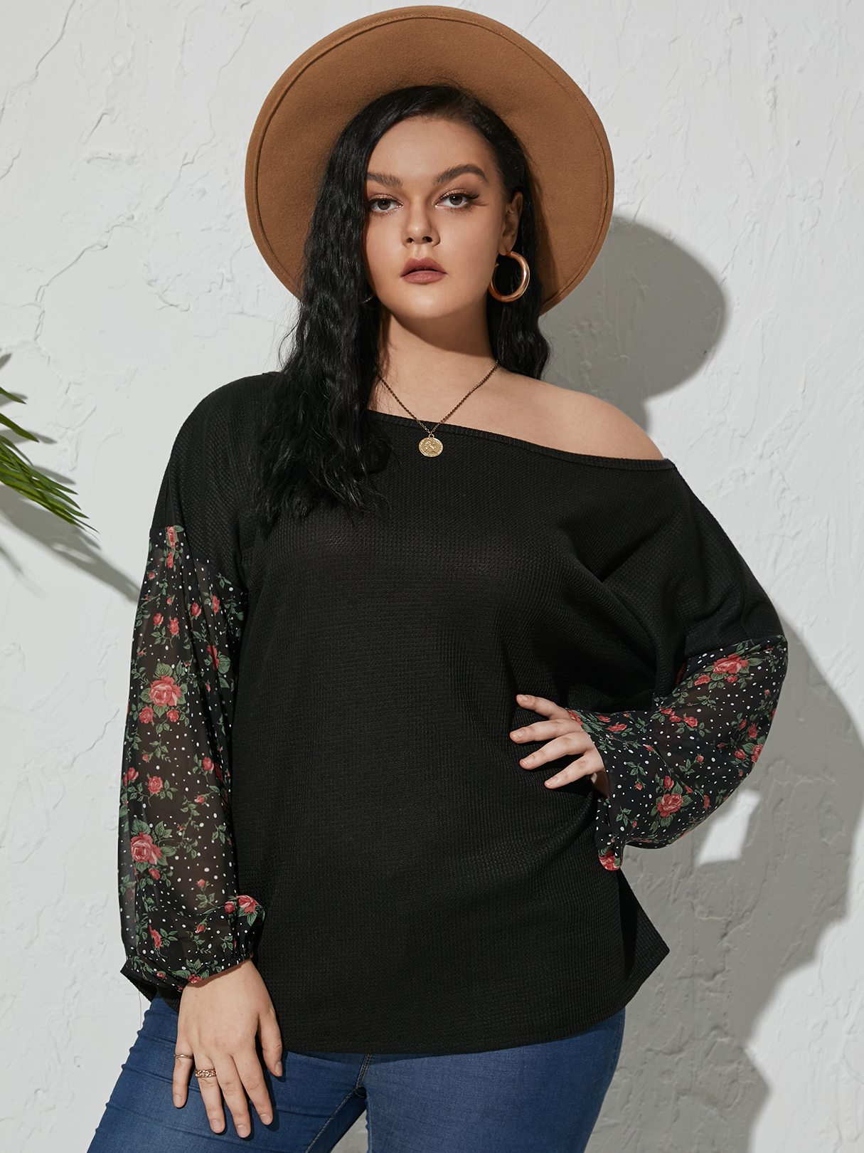 Plus Size One Shoulder Mesh Long Sleeves Knitwear