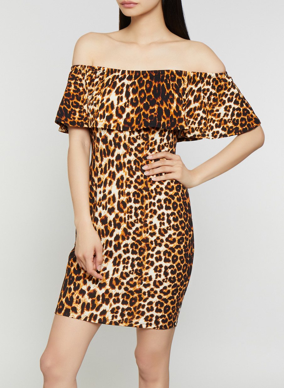 Textured Animal Print Off the Shoulder Dress