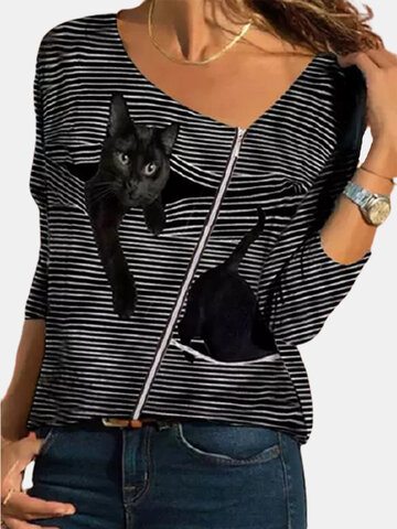 Cat Striped Zipper V-neck T-shirt