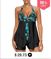 Open Back Printed Asymmetric Hem Tankini Set