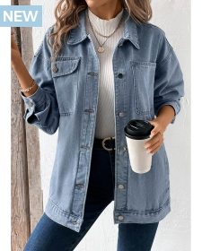 Button Denim Blue Turn Down Collar Long Sleeve Coat