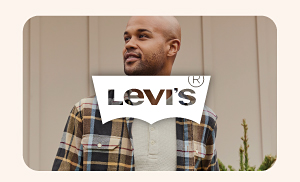 An image of a man wearing Levi's. The Levi's logo.