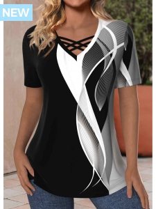 ROTITA Criss Cross Geometric Print Black V Neck T Shirt